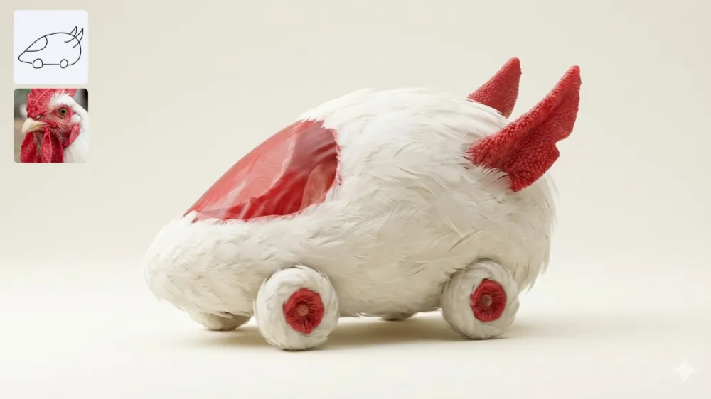 Nano Banana 2 AI Image Generator Showcase - Chicken Feather Chariot - Fluffy white chicken car covered in real feathers, red comb and wattles as accents, organic and textured farm-animal fusion with soft natural shadows.