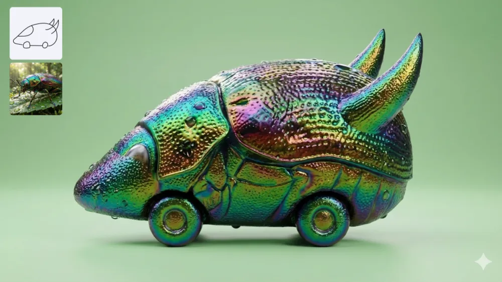 Nano Banana 2 AI Image Generator Showcase - Iridescent Beetle Cruiser - Metallic rainbow-shimmering car modeled after jewel beetle exoskeleton, with iridescent green-blue-purple chitin texture, dew drops for added realism.