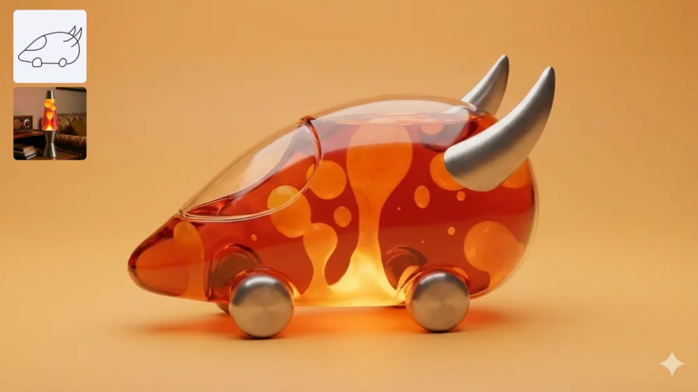 Nano Banana 2 AI Image Generator Showcase - Lava Lamp Bovine Glow - Translucent lava lamp car filled with bubbling orange-red lava liquid and silver metallic horns, retro 70s psychedelic vibe with warm glowing interior.