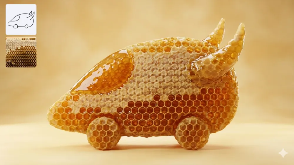 Nano Banana 2 AI Image Generator Showcase - Honeycomb Amber Ride - Golden honeycomb-structured car dripping with fresh honey, hexagonal cells forming the body, bull horns glazed in honey, sweet and organic golden tones.
