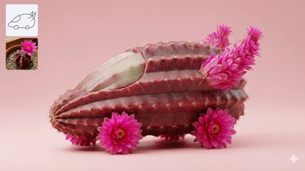 Nano Banana 2 AI Image Generator Showcase - Cactus Bloom Racer - Vibrant pink-flowering cactus car with spiky segmented body, magenta blooms as accents, desert plant fusion in soft pink minimalist setting.