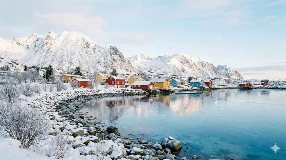 Nano Banana 2 AI Image Generator Showcase - Nordic Serenity - A wide-angle landscape captures the crisp daylight of a snowy coastal village, emphasizing the contrast between colorful wooden houses and the cold, majestic mountain range.