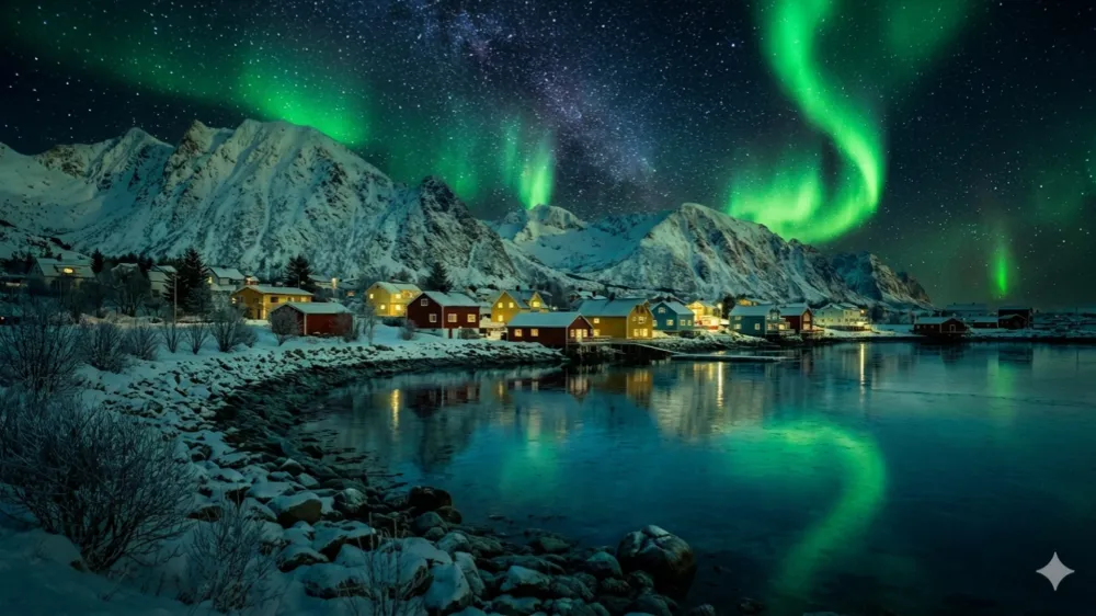 Nano Banana 2 AI Image Generator Showcase - Atmospheric Aurora - The exact same scene is transformed into a mystical night, where the vibrant green glow of the Northern Lights illuminates the landscape and reflects off the still water.