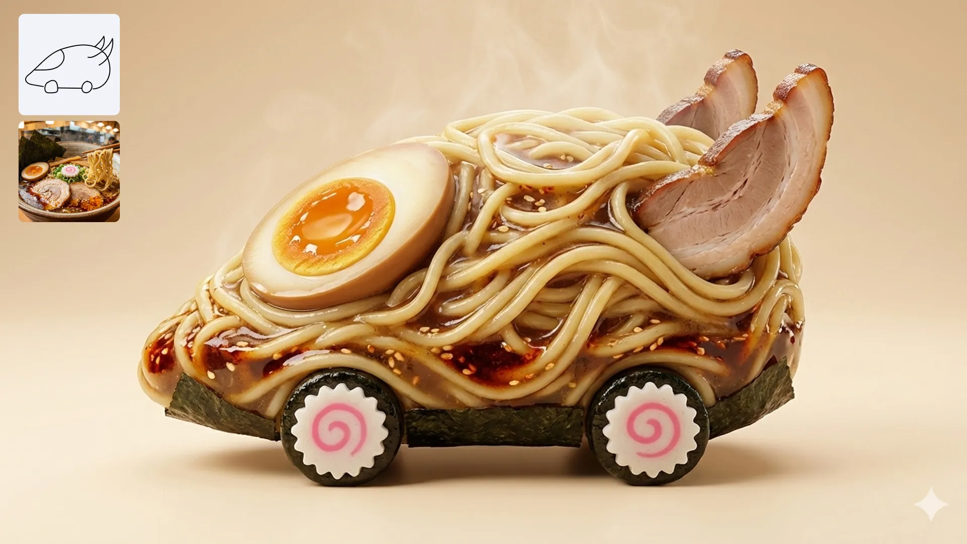 Nano Banana 2 AI Image Generator Showcase - Ramen Noodle Cruiser - A whimsical car sculpted entirely from steaming ramen noodles, topped with marinated egg and char siu slices, evoking savory street food artistry with rising steam and glossy sauce details.
