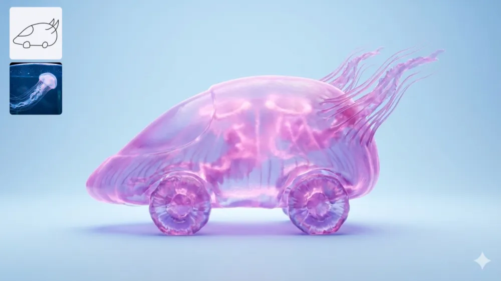 Nano Banana 2 AI Image Generator Showcase - Jellyfish Luminescent Ride - Translucent jellyfish-themed car made of glowing pink jelly, with trailing tentacles flowing like motion blur, ethereal and dreamy underwater-inspired design on soft blue gradient.