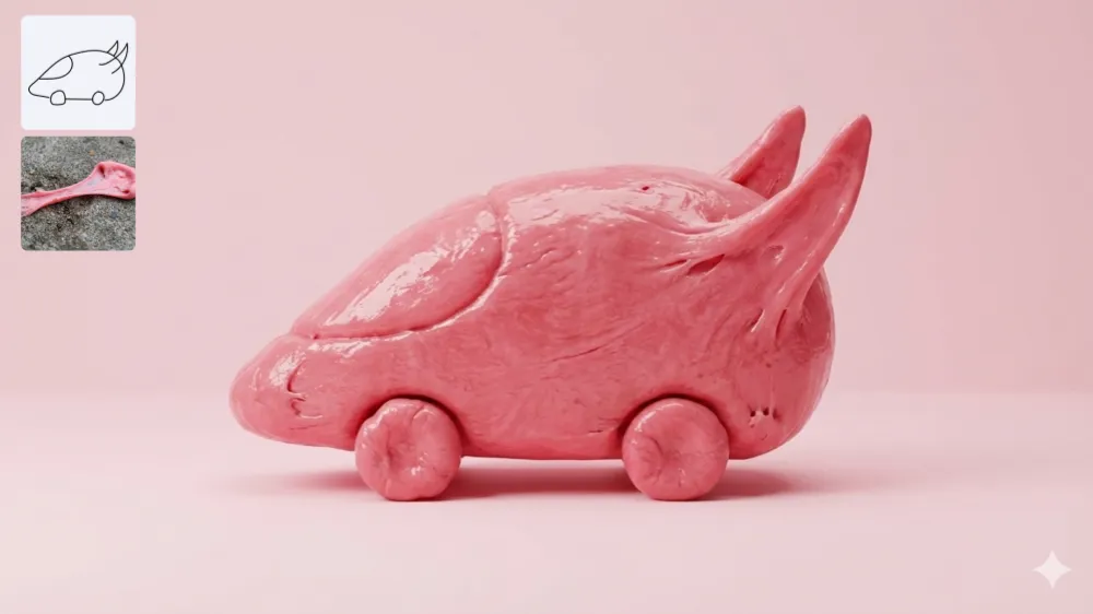 Nano Banana 2 AI Image Generator Showcase - Slime Gooey Vehicle - A glossy pink slime car with dripping, stretchy texture, horns and body formed from viscous goo, playful and tactile toy-like appearance on minimal pink backdrop.